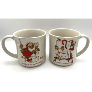 (2) Vintage Hallmark Christmas Norman Rockwell Mugs-Caught Napping&Good BoysGirl